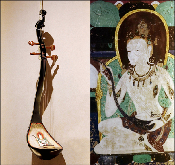 琵琶】莫高窟312窟绘有菩提双树,二飞天一身散花,另一身横抱琵琶弹奏