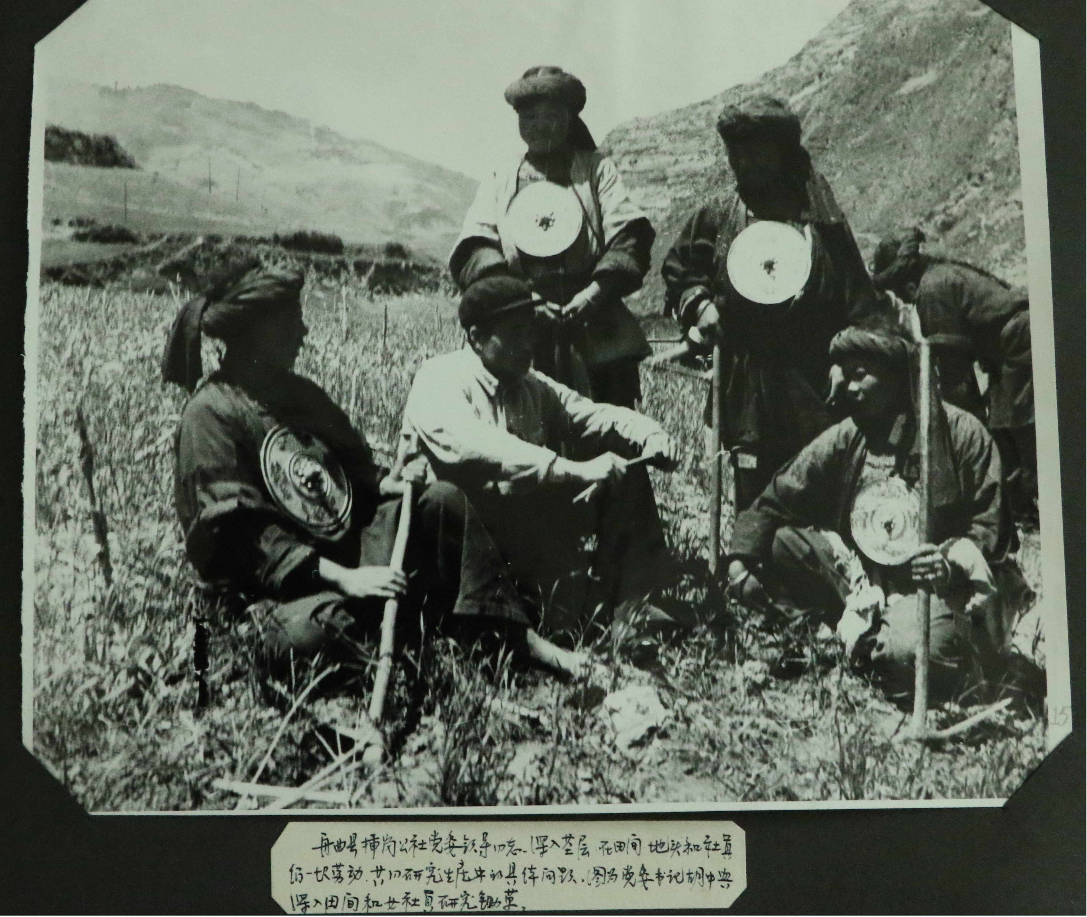 舟曲县插岗公社党委领导同志和社员一起研究生产中的具体问题。图为党委书记胡中兴和女社员研究锄草。_副本.jpg